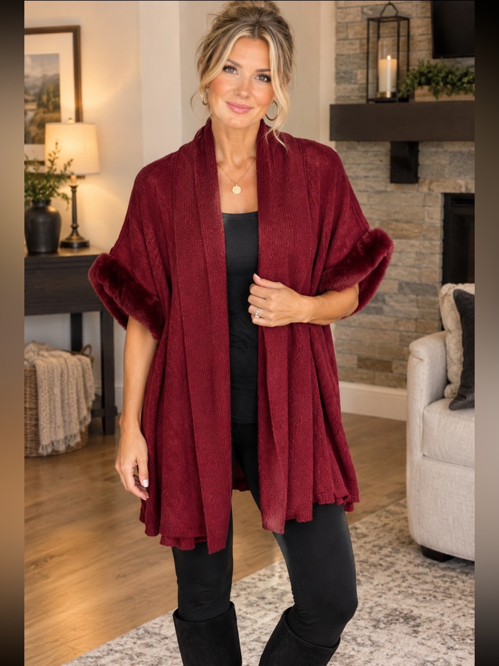 Tahari Open-Front Cardigan Short Sleeve Faux Fur Trim NWT